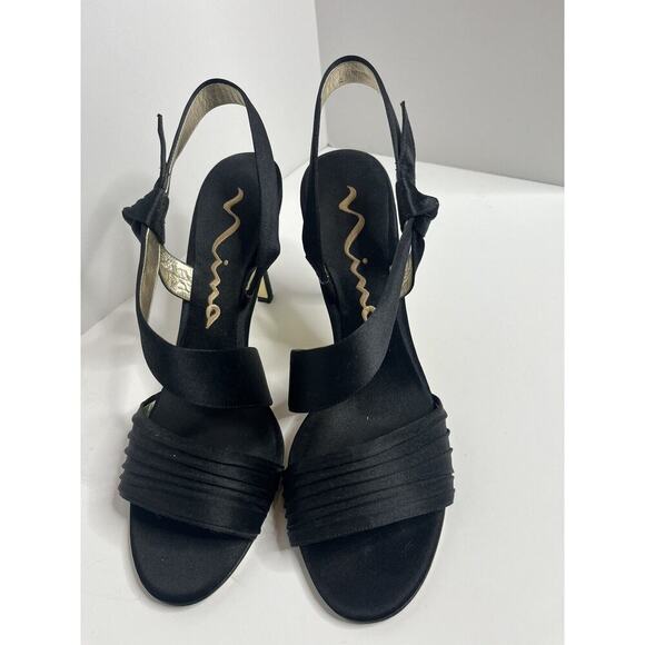 Black NINA Sz 10 M Satin Heels Strappy Excellent Condition EU40 Wedding Classy - Picture 3 of 7